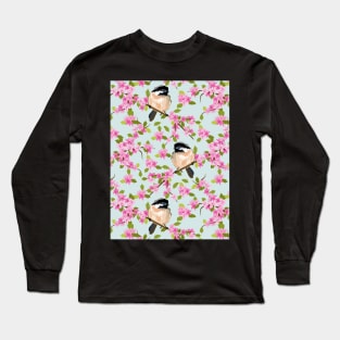 Spring Flowers And Birds Pattern On Blue Long Sleeve T-Shirt
